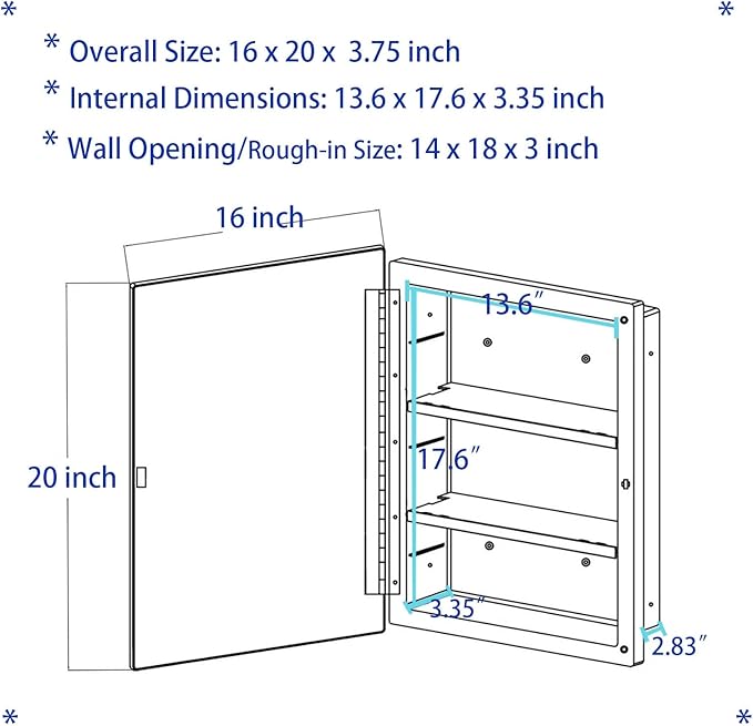 Plastic Medicine Mirror Cabinet for Bathroom 16 x 20 inch, Surface and Recessed Mount