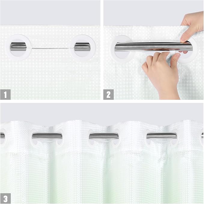 MitoVilla Emerald Green Ombre Long Shower Curtain Liner Set 72 x 80, No Hooks Needed 80 inch Long Heavyweight Waffle Fabric Shower Curtain Set with Snap-in Liner for Hotel Bathroom Decor