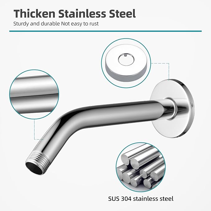 Cobbe Shower Arm with Flange and Teflon Tape, 10-Inches Wall Mounted Shower Pipe Arm 304 Stainless Steel Extension for Fixed Shower Head, Chrome