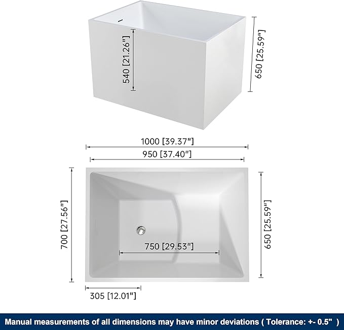 39" Acrylic Freestanding Bathtubs, Stand Alone Tub, Japanese Soaking Tub for Bathroom, Integrated Overflow and Drain, cUPC Certified, Gloss White