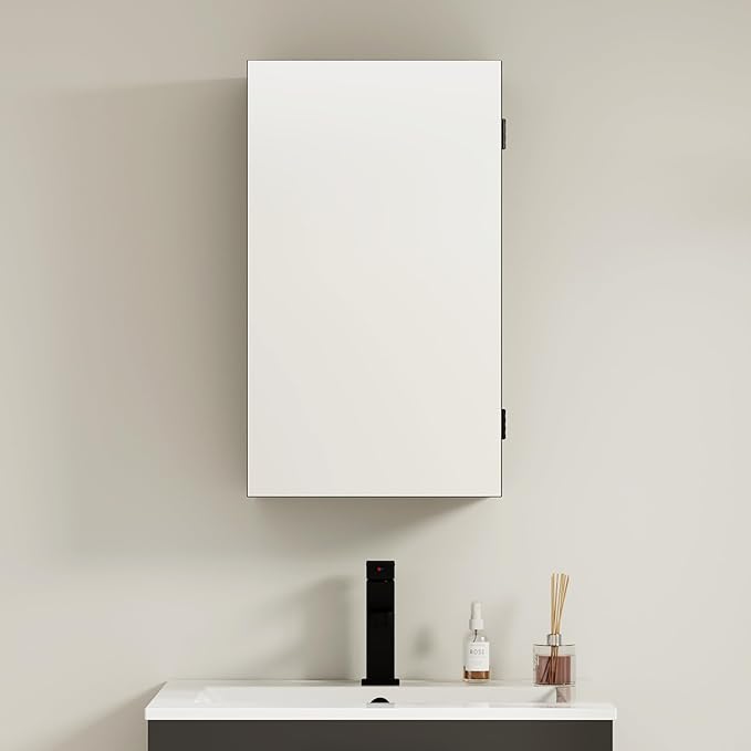 eclife 24" Bathroom Medicine Cabinet W/Mirror, Single Door Bathroom Black Wall Mount Mirror Cabinet, Hanging Triple Shelf Storage Cabinet Opens Left and Right