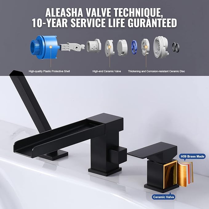 Waterfall Roman Tub Filler Faucet, Deck Mount Bathtub Filler with 360°Swivel Spout, 3 Holes Bathroom Tub Faucet with Sprayer, Matte Black