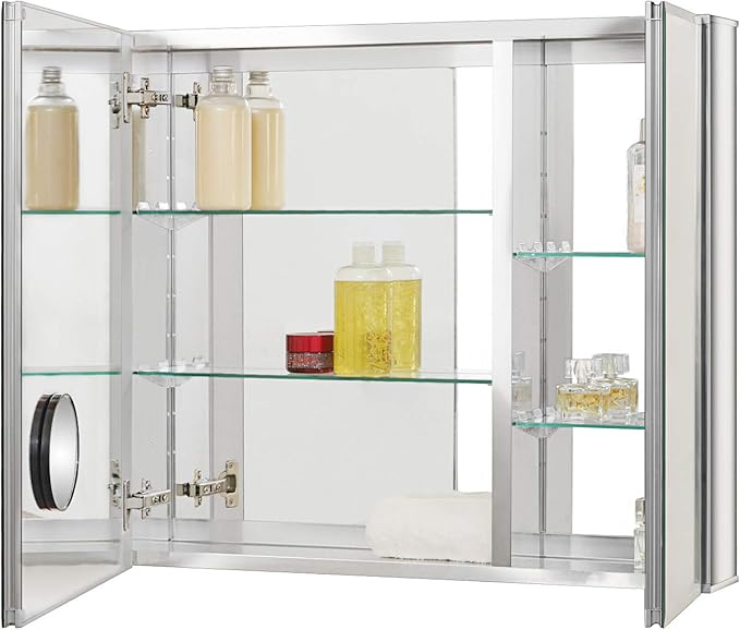 Fundin Bathroom Mirror Medicine Cabinet Aluminum Storage Cabinet 30 x 26 inch Beveled Edge Frameless Double Sided Mirror Door Recess or Surface Mount with 5X Magnifying Makeup Mirror