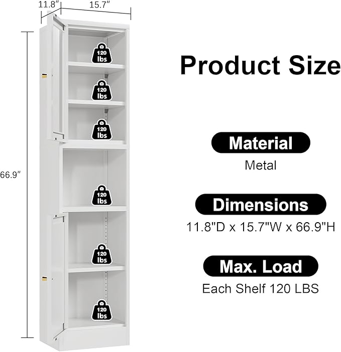Narrow Glass Door Storage Cabinet Tall Metal Storage Cbinets with 4 Adjustable Shelves Freestanding 5 Tier Slim Pantry Cabinet for Kitchen Office Small Space
