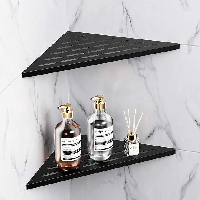 POPFLY 10 Inch Corner Shower Shelf 2 Pack, 304 Stainless Steel Matte Black, No Drilling Recessed Bathroom Shelves for Tiled Wall, Heavy Duty Floating Shower Organizer with Slot Design, PF7501B