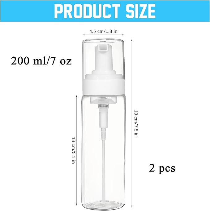 2PCS Foam Pump Bottle, Foaming Dispenser Bottle, Foaming Hand Soap Dispensers, Travel Size Foam Spray Bottles for Body Wash, Lash Cleanser, Shampoo, 200 ml/7 OZ
