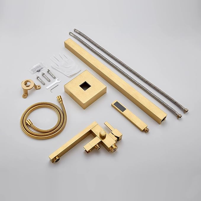 Freestanding Bathtub Faucet Tub Filler Brushed Gold Floor Mount Bathroom Faucets Brass Single Handle with Hand Shower