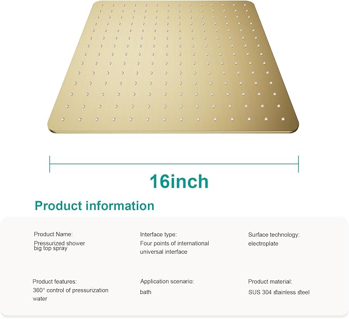 Square Rain Shower Head, High Flow Stainless Steel,Work with any decorative style，All Metal Rainfall Shower Head (Brushed Gold, 16)