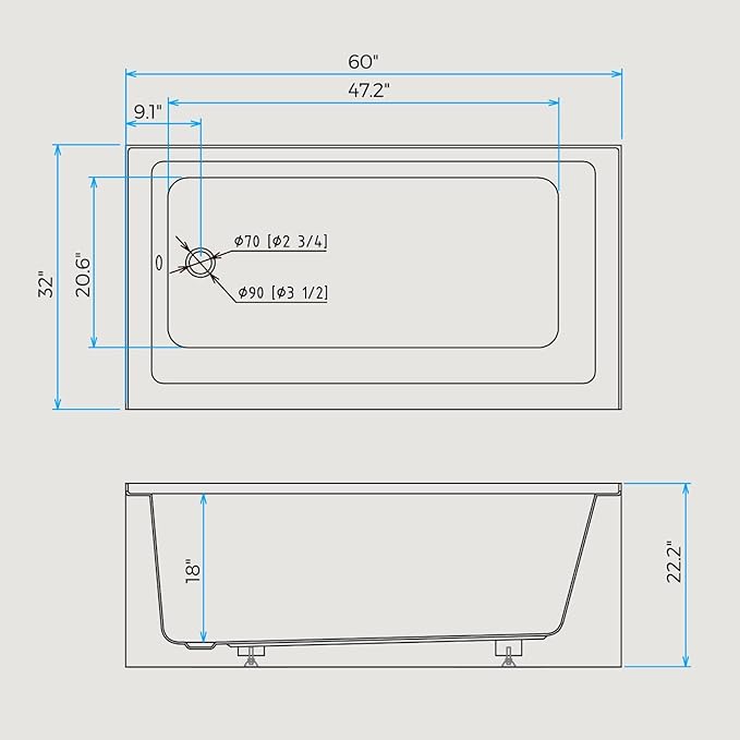 60x32 Inch Acrylic Bathtub, Single Apron Alcove Soaking Tub with Left-Side Overflow & Drain, Space-Saving Built-In Design, Easy Install for Modern Bathrooms