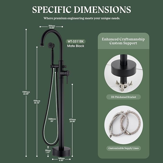 Free Standing Tub Faucet, Wintap Classic Freestanding Bathtub Faucet with Sprayer Brass Elegant Floor Mount Bath Faucets High Flow Roman Tub Filler, Matte Black （WT-3311BK）