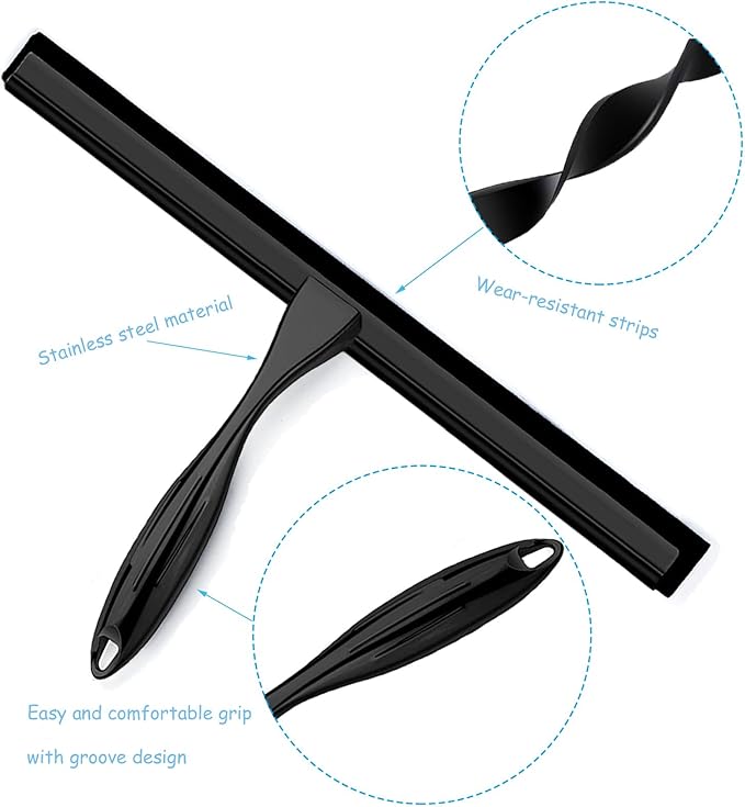 Shower Squeegee for Glass Doors, 12 Inches Bathroom Squeegee with Spare Silicone Blade, Shower Door Hook and Adhesive Hook, Stainless Steel Bathroom Squeegee for Mirror Window (12in-Black-1 Pack)