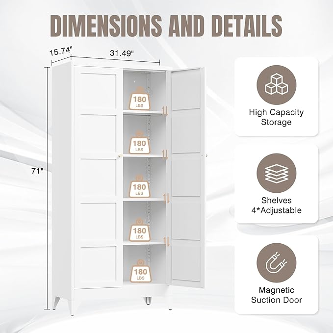 Yizosh Metal Storage Cabinet with 2 Doors and 4 Adjustable Shelves,- 71" White Kitchen Pantry Storage Cabinet for Kitchen,Dining Room,Living Room