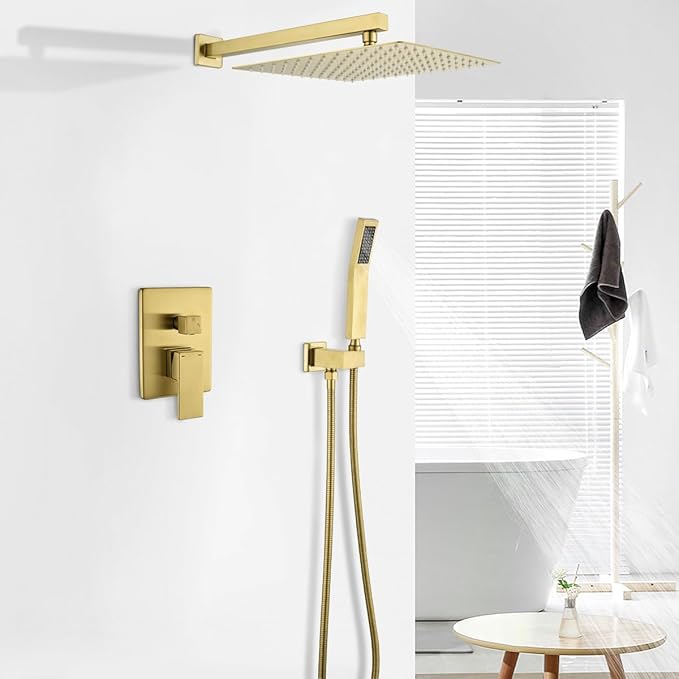WELLFOR Brushed Gold 12" Wall Mounted Shower Faucet Set Single Handles, Dual Head Shower Faucet System with 2-way Diverter, Shower System with Handheld Spray, Rough in Valve, Hot Cold Water