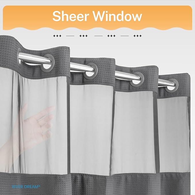 River Dream Heavyweight No Hooks Required Dotted Waffle Weave Shower Curtain with Snap in Liner -Extra Long 71W x 86H,Hotel Grade,Spa Like Bath Curtain,Gray