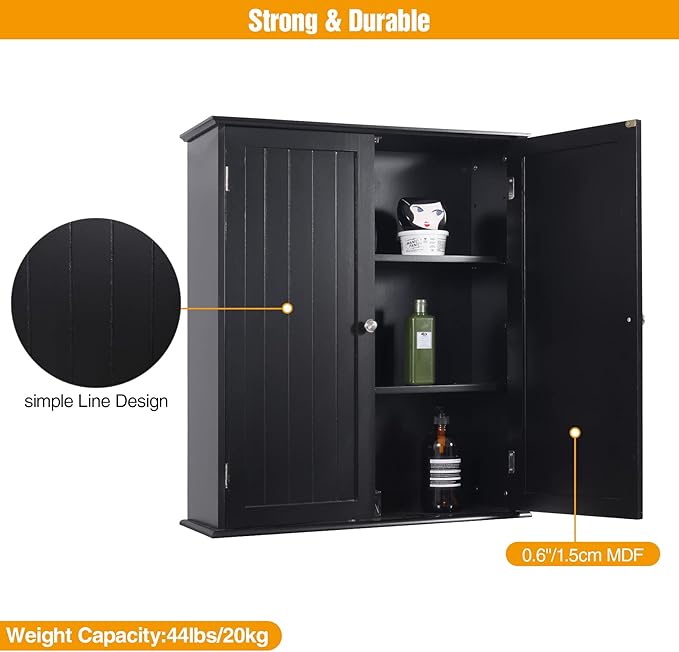 Blcak Bathroom Cabinet Wall Mounted, Bathroom Wall Cabinet Over Toilet, Hanging Cabinet for Bathroom, Bathroom Medicine Cabinet with 2 Doors and Adjustable Shelves, Wood