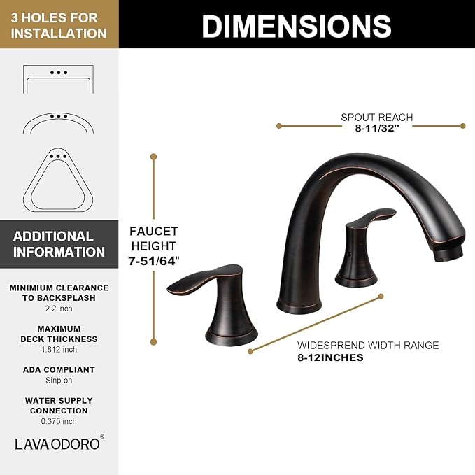 Oil Rubbed Bronze Roman Tub Faucet, Lava Odoro 8 inch Widespread Bathtub Faucet with Valve, High Flow 2 Handle Deck Mount Tub Faucet, Solid Brass 3 Hole Bath Tub Filler TF405-ORB