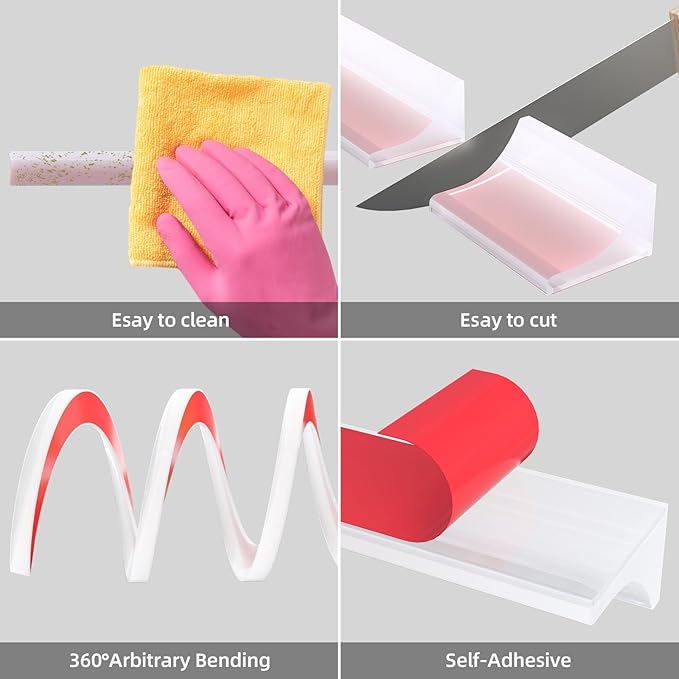 98Inch Collapsible Shower Threshold Water Dam Barrier, Self Adhesive Silicone Waterproof Shower Barrier Water Strip Dam for The Gap Between the Shower Kitchen Countertop Sink and Cooktop
