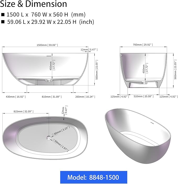 Cpingao 59" Freestanding Matte White Stone Resin Soaking Bathtub Modern Stand Alone Tub with Drain and Overflow, 8848-1500