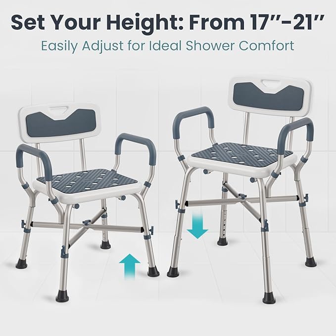 PELEGON Shower Chair for Elderly and Disabled (450lb) with Padded Armrests and Back, Adjustable Height Shower Seat, Heavy Duty Shower Chairs for Inside Shower, Handicap - Blue