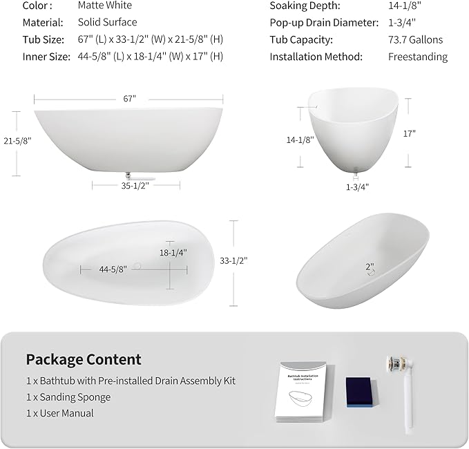 Abruzzo 67“ Solid Surface Freestanding Bathtub, Egg Shell Shaped Stone Resin Freestanding Tubs, Contemporary Oval Soaking Tubwith Overflow in Matte White, cUPC Certified