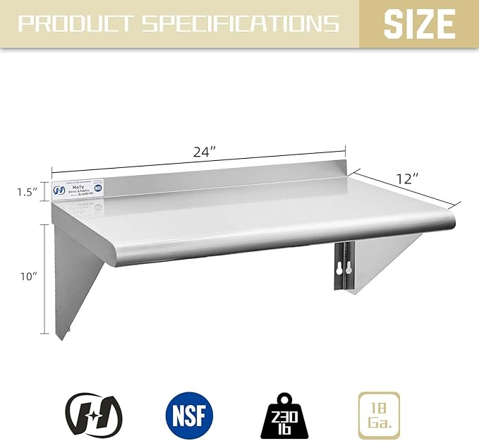 Hally Stainless Steel Shelf 12 x 24 Inches 230 lb, NSF Commercial Wall Mount Floating Shelving for Restaurant, Kitchen, Home and Hotel