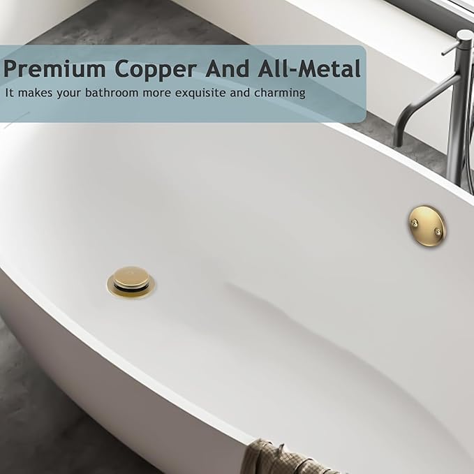Tip-Toe Bathtub Drain Kit with Two-Hole Overflow Plate, Premium Quality Bath Tub Drain Replacement, Universal Fine/Coarse Thread Bathtub Stopper (Brushed Gold)