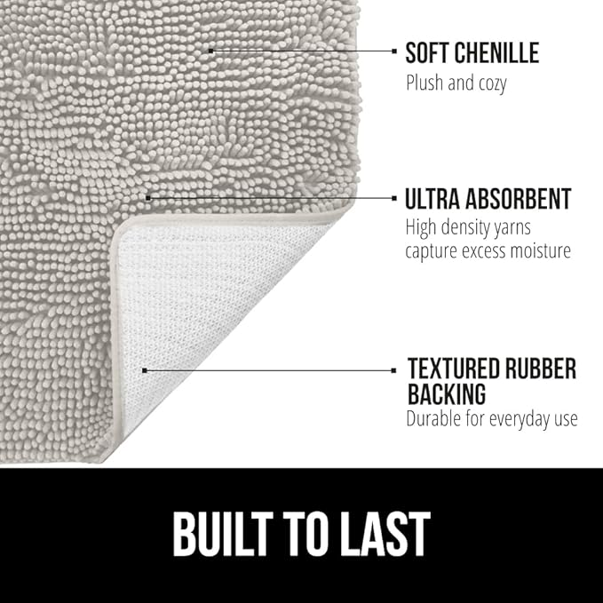 GORILLA GRIP Bath Rug Mat 48x17, Soft Absorbent Chenille, Quick Dry Microfiber Mats, Rubber Backing Washable Shower Floor Rugs, Bathmat Runner, US Designed Bathroom Home Decor Accessories Light Gray