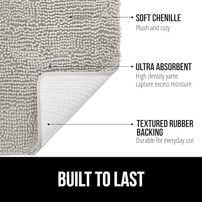 GORILLA GRIP Bath Rug Mat 60x24, Soft Absorbent Chenille, Quick Dry Microfiber Mats, Rubber Backing Washable Shower Floor Rugs, Bathmat Runner, US Designed Bathroom Home Decor Accessories Light Gray