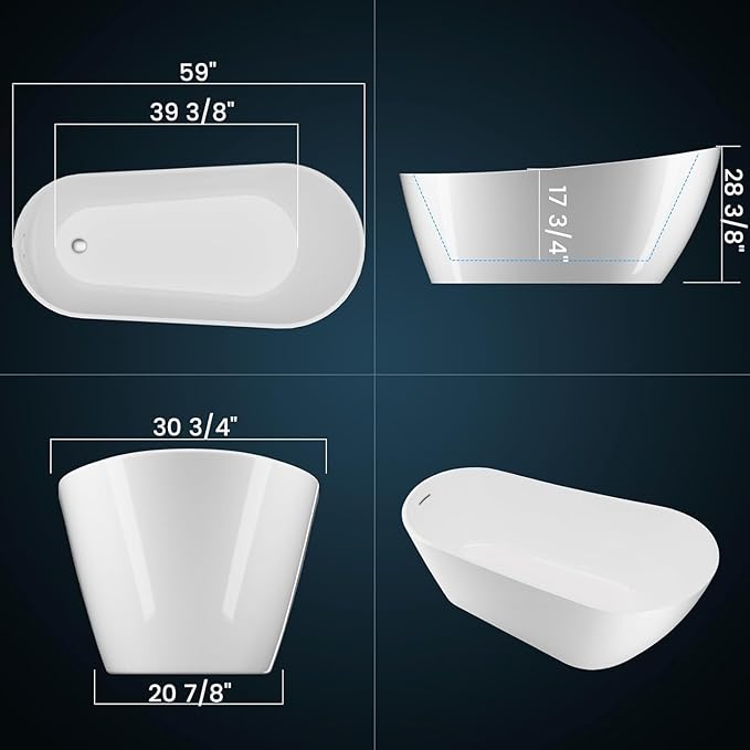 59" Acrylic Soaking Bathtub, Deep Modern Tub with Non-Slip Base, CUPC Certified, Space-Saving Bath with Chrome Drain and Overflow, Easy Install for Small Bathrooms, White