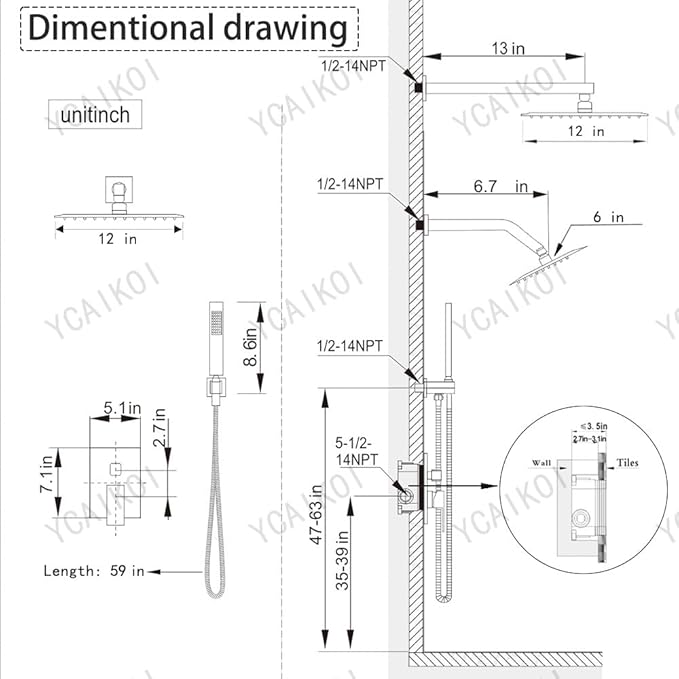 Shower Faucet Set Brushed Gold Shower System, Knob Switch Diverter Shower Faucet with High Pressure Handheld Spray, Wall Mount 12 Inch Shower Head with 6 Inch Wall Mount Shower Head