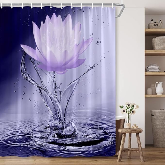 Lotus Shower Curtain Black White Violet Flower Elegant Blooming Floral with Dew Spring Flower Reflection on Water Modern Romantic Polyester Fabric Bathroom Decor 36×70 Inch with Hook