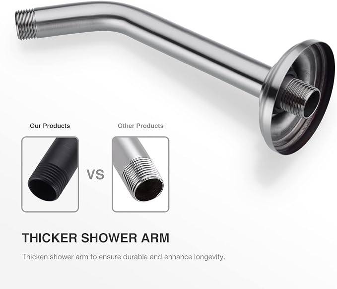 9 Inch Angled Shower Arm Brushed Nickel, Curved Shower Head Pipe with Flange, Bathroom Shower Neck Stainless Steel Wall Mounted Extension Extender Rain Rod
