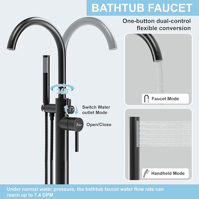 Freestanding Bathtub Faucet, Floor Mount Bathtub Faucet with 2 Water Outlet Modes, Swivel Gooseneck Spout with Hand Shower, Brass Single Handle Tub filler, Max Flow Rate 7.4 GPM, Matte Black