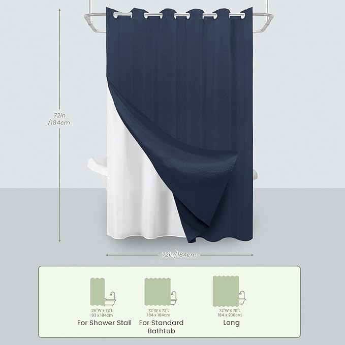 Inhousolu No Hook Waffle Weave Shower Curtain with Removable Snap in Fabric Liner Set for Bathroom, 230 GSM Heavy Duty Weighted Hem, Water Repellent Washable Bath Curtains, 72 x 72 Inch, Navy Blue
