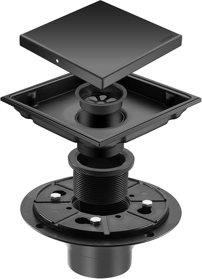 Hidden Brushed Square Shower Floor Drain, Black 6 inch, 304 Stainless Steel, with Flange, Detachable Cover Embedded in Ceramic Tiles