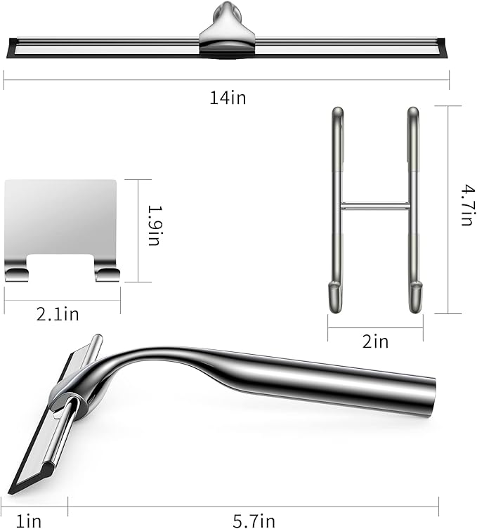 Shower Squeegee Set, Include Shower Door Hook, Adhesive Hook and Spare Silicone Blade, Window Squeegee for Shower Glass Door, Bathroom, Mirror, Window Car Glass 14Inches Silver