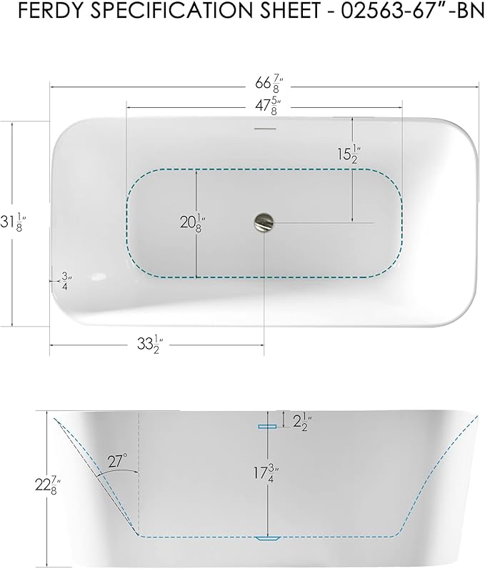 FerdY Maui 67" Acrylic Freestanding Bathtub, Contemporary Elegant Design Soaking Tub, Easy to Instal with Brushed Nickel Drain and Minimalist Linear Design Overflowl, 02563