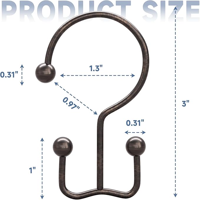 Titanker Shower Curtain Hooks Bronze, Minimalist Simple Double Glide Shower Curtain Rings, Rust Proof Metal Shower Hooks Rings for Bathroom Shower Rods Curtains, Set of 12 Hooks