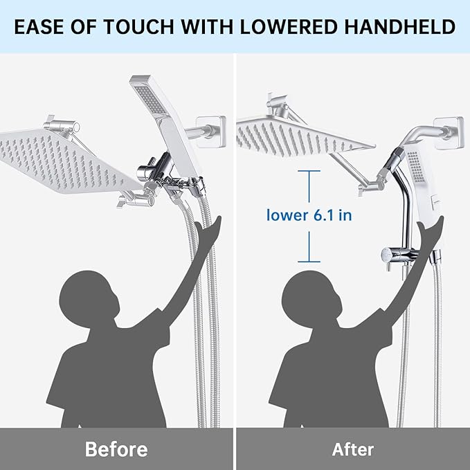 G-Promise All Metal Shower Diverter with Low Handheld Holder, 3-Way Diverter Valve with Pause Mode for Handheld and Fixed Shower Head, 4-Settings Universal Bathing System Replacement Part(Chrome)