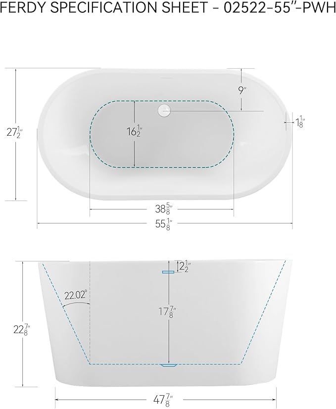FerdY Shangri-La 55" Acrylic Freestanding Bathtub, Ergonomic Lightweight Classic Oval Soaking Bathtub with Polished White Drain, Minimalist Linear Design Overflow, Modern White