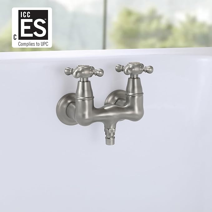 SUMERAIN Vintage Tub Faucet Wall Mount Tub Filler 3-3/8-Inch Center Two Cross Handles Brushed Nickel