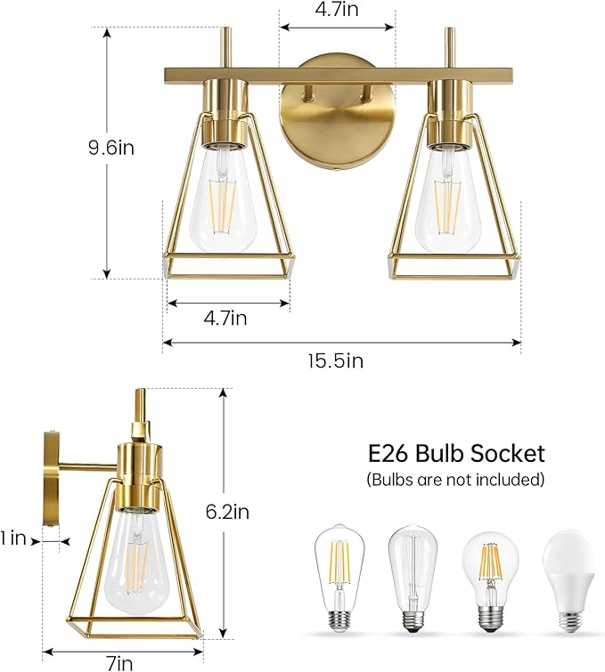 Industrial Bathroom Vanity Lights: 2-Lights Brush Gold Vintage Metal Cage Wall Sconces - Rustic Farmhouse Lightning Fixture Over Mirrors Cabinet for Dressing Hallway