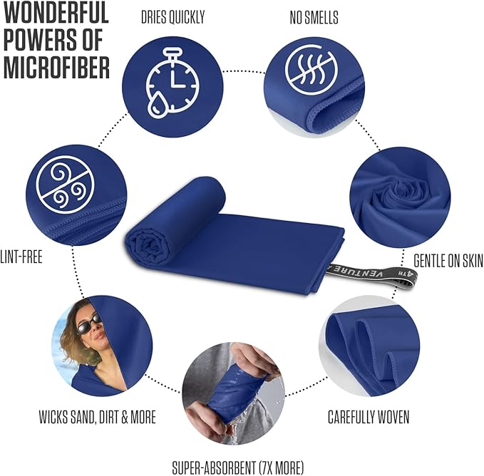 VENTURE 4TH Quick Dry Towel. Microfiber Travel Towel Ideal for Camping, Hiking, Backpacking, Gym. Lightweight & Fast Drying Travel Towels for Body. Compact & Easy to Pack - Navy Blue Large