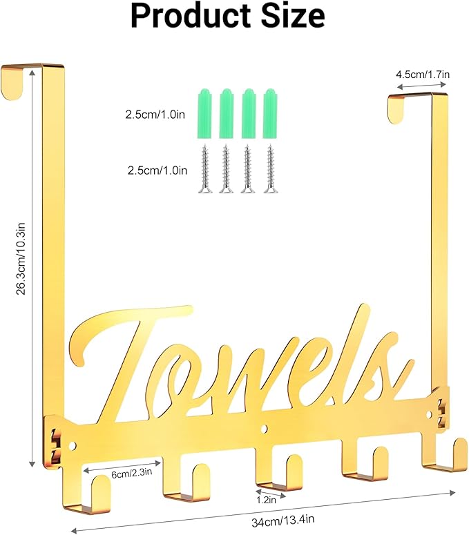 Over The Door Hooks, Towel Rack Towel Hooks for Bathroom, Towel Holder for Hanging Heavy Duty, Door Rack Over Door Hanger with 5 Coat Hooks for Bedroom Bathroom Kitchen（Light Gold）