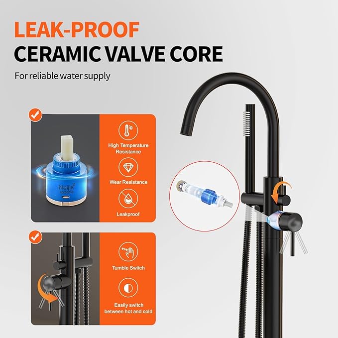Freestanding Bathtub FaucetFloor Mount Bathtub Filler Shower Mixer Faucet with Handheld Shower Sprayer Swivel, Side Inlet，Matte Black