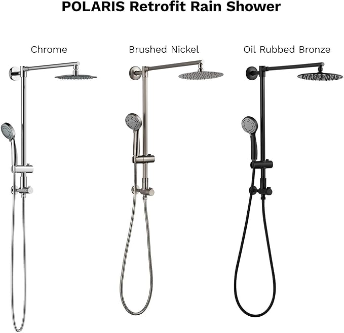 Fennocasa Polaris 1 Rain Shower System, includes 8” Rainfall Shower Head with High Pressure Handheld Combo, 3-Setting Handheld Spray, Height Adjustable Spray Holder, 60” Hose (Chrome)