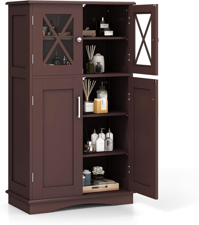 Tangkula Freestanding Floor Cabinet w/2 Glass Doors, 3-Level Adjustable Shelves, Anti-toppling Design, Kitchen Pantry Cupboard for Bathroom, Living Room (Brown)