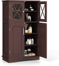 Tangkula Freestanding Floor Cabinet w/2 Glass Doors, 3-Level Adjustable Shelves, Anti-toppling Design, Kitchen Pantry Cupboard for Bathroom, Living Room (Brown)