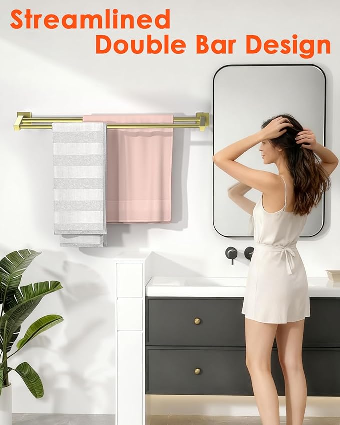 Alise Bath Double Towel Bars Towel Racks for Bathroom,Wall Mount Towel Holder Heavy Duty SUS304 Stainless Steel Towel Hanger Rail,Gold Finish 32-Inch