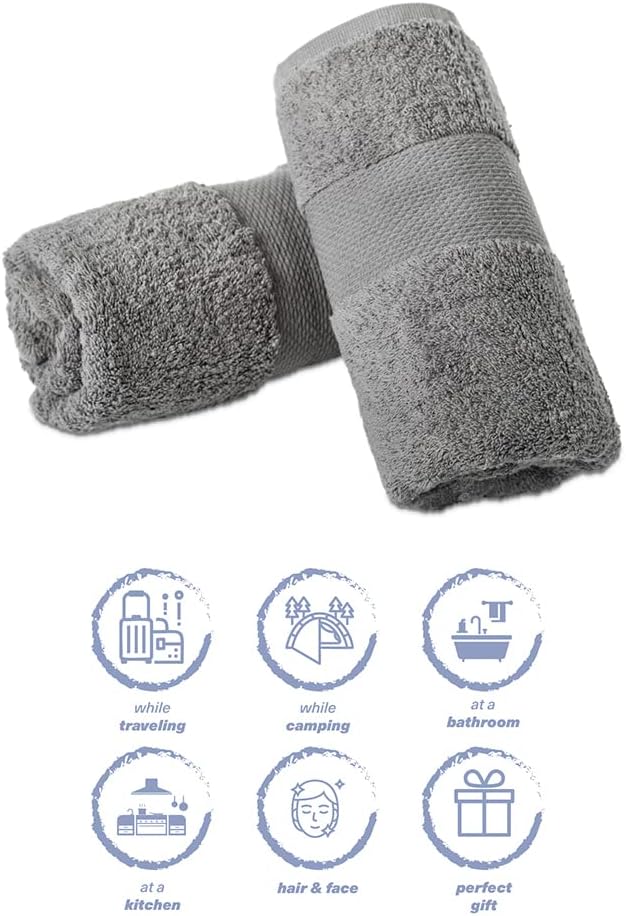 Hencely Luxury Hand Towel - Set of 2 (16x28 Inches) - Soft Turkish Cotton, Absorbent, Quick-Drying Face, Body, Kitchen, and Bathroom Towel (Hand Towels 2 Pack, Gray)